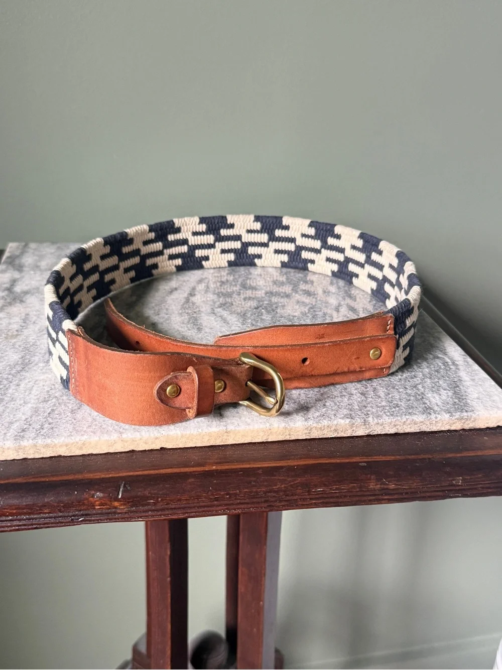 J. Crew - High Waist Woven Navy & Cream Belt with Brown Leather Trim - Size S/M